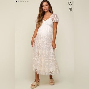 Cream Floral Embroidered Puff Sleeve Maternity Midi Dress